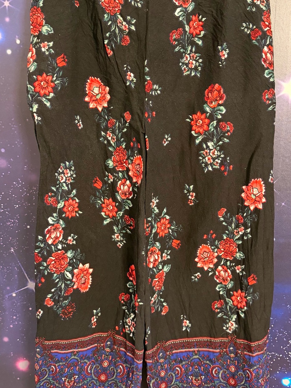 Band of Gypsies Black Floral Wide-Leg Pants with Red and Green Print